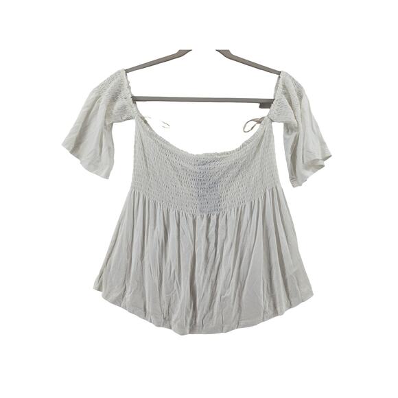 Forever 21 Off Shoulder Blouse Large Ivory Flowy Boho Smocked Summer Top Loose - Picture 10 of 11